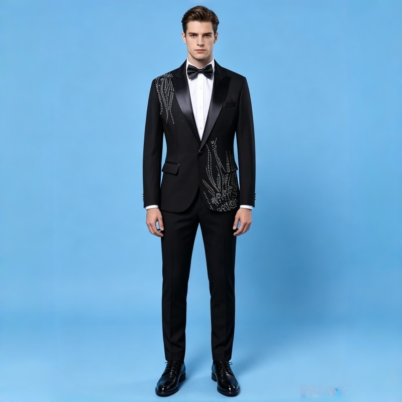 Men Formal Wear Black And White - Мужской приталенный костюм с черно-белыми камнями,