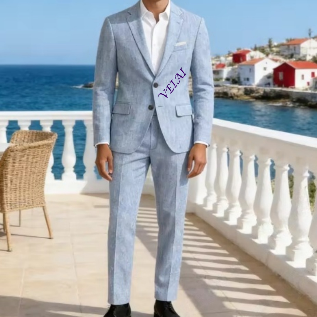 Men'S Formal Beach Wear - Индивидуальный мягкий небесно-голубой льняной костюм из