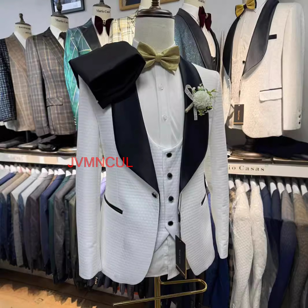 Men'S Formal Wear For Reception - Мужской белый жаккардовый костюм-тройка 2026: приталенный
