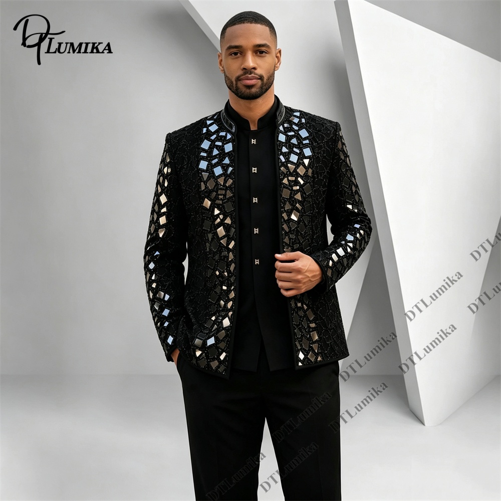 Men Formal Wear Pants - Мужской черный костюм с воротником-стойкой, украшенный
